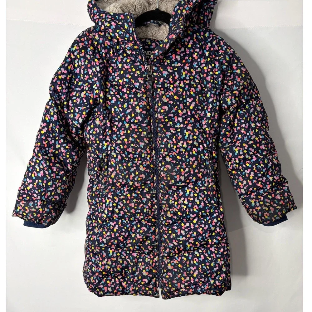 Lands End Kids XS 4-5 Primaloft Confetti Puffer Parka Faux Fur Lined Navy Blue